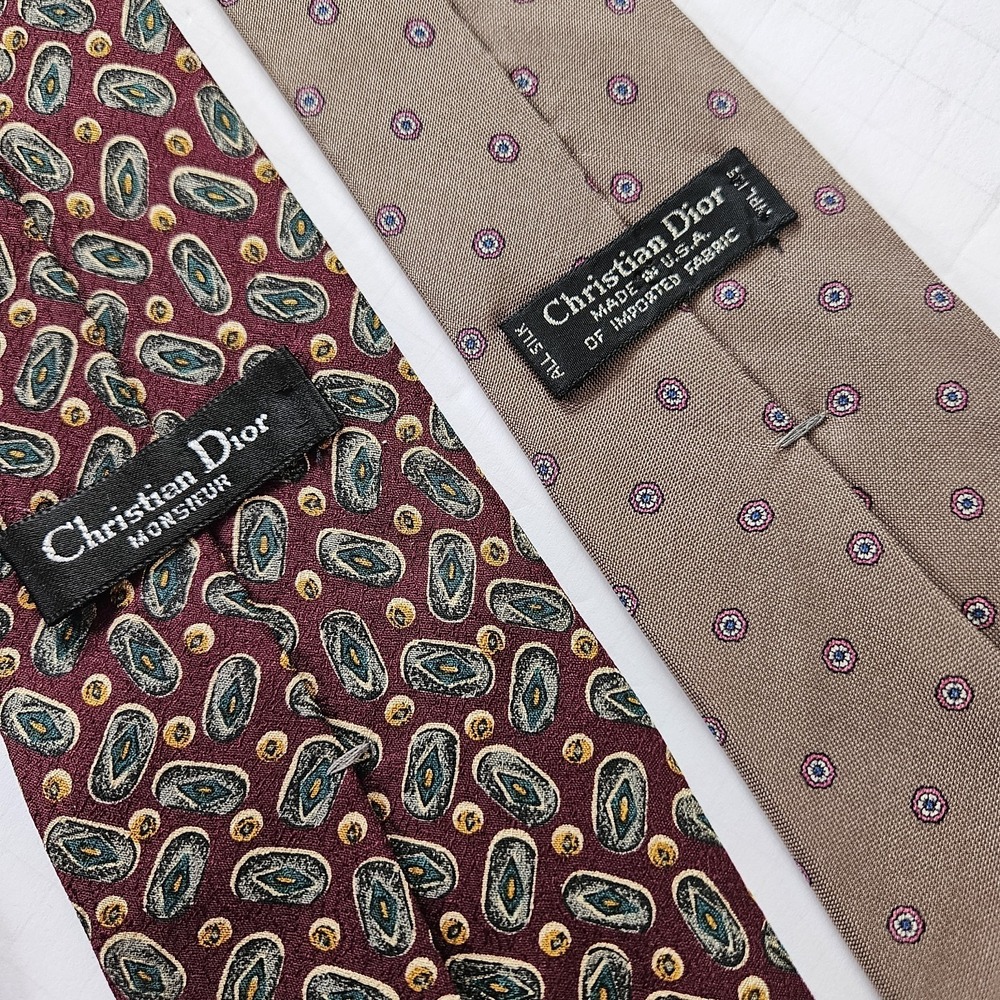 Lot Of 2 Christian Dior Tie Red Tan Geometric 100% Silk